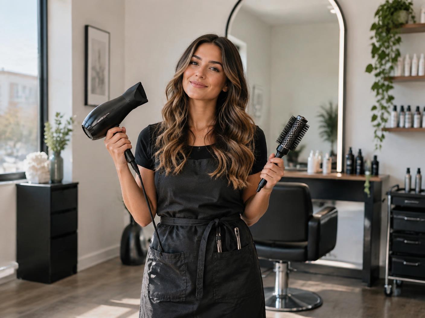 A licensed beauty professional standing confidently with her tools in a modern salon suite.