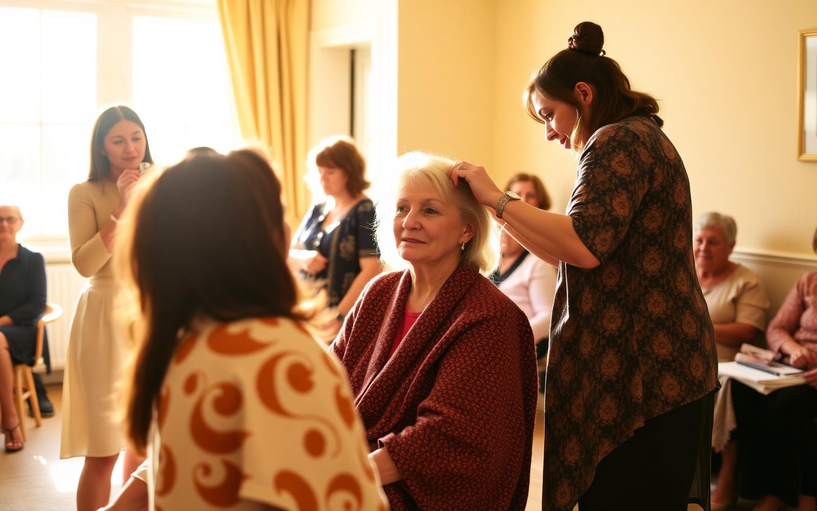 A community care workshop with women supporting one another in a sunlit room.