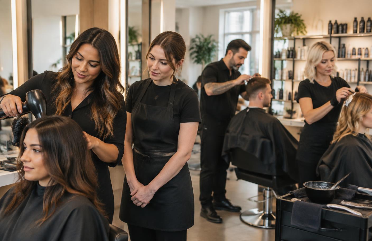 A salon team at work while a cosmetology student observes and learns.