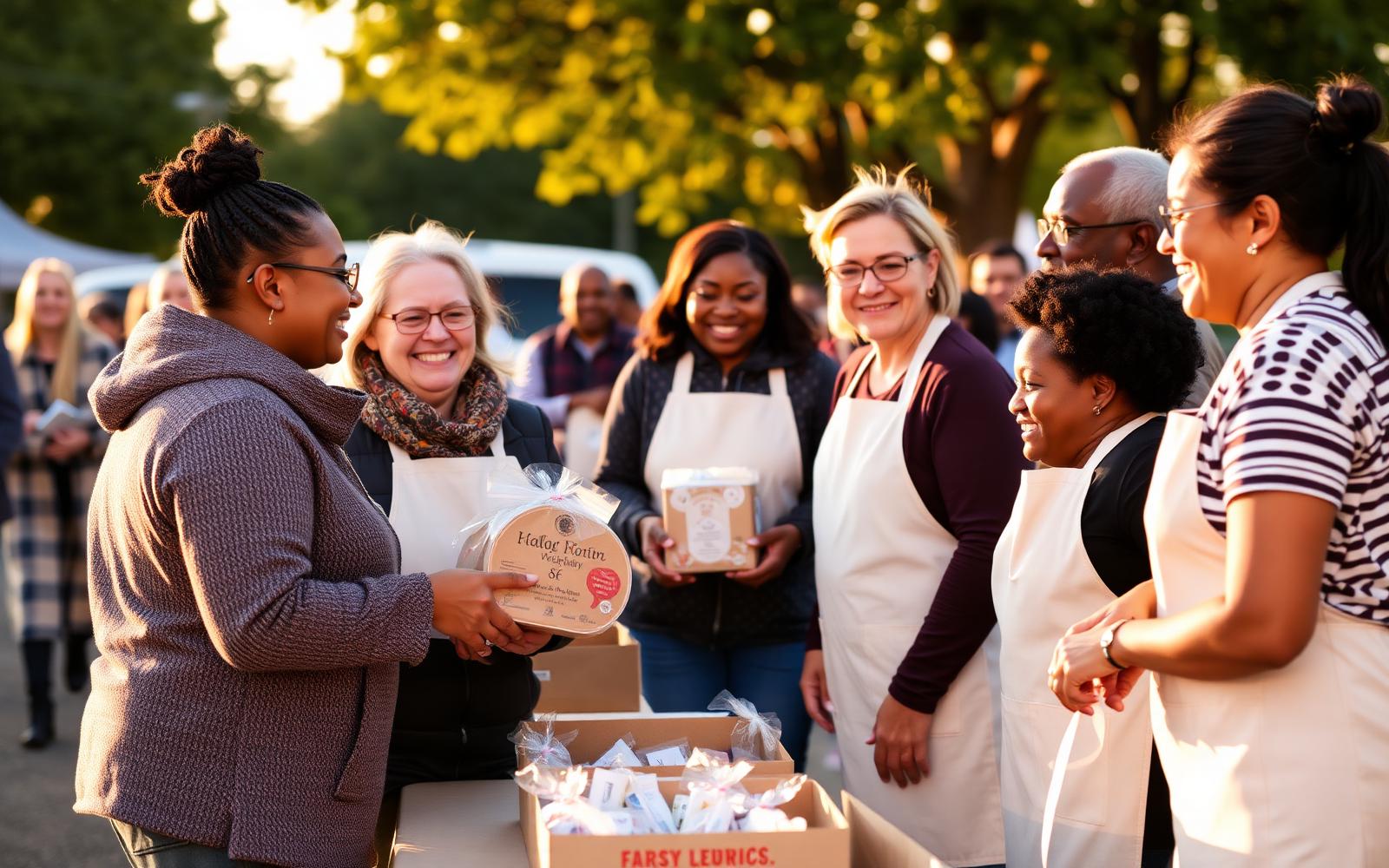 Smiling volunteers handing care packages at a community event.